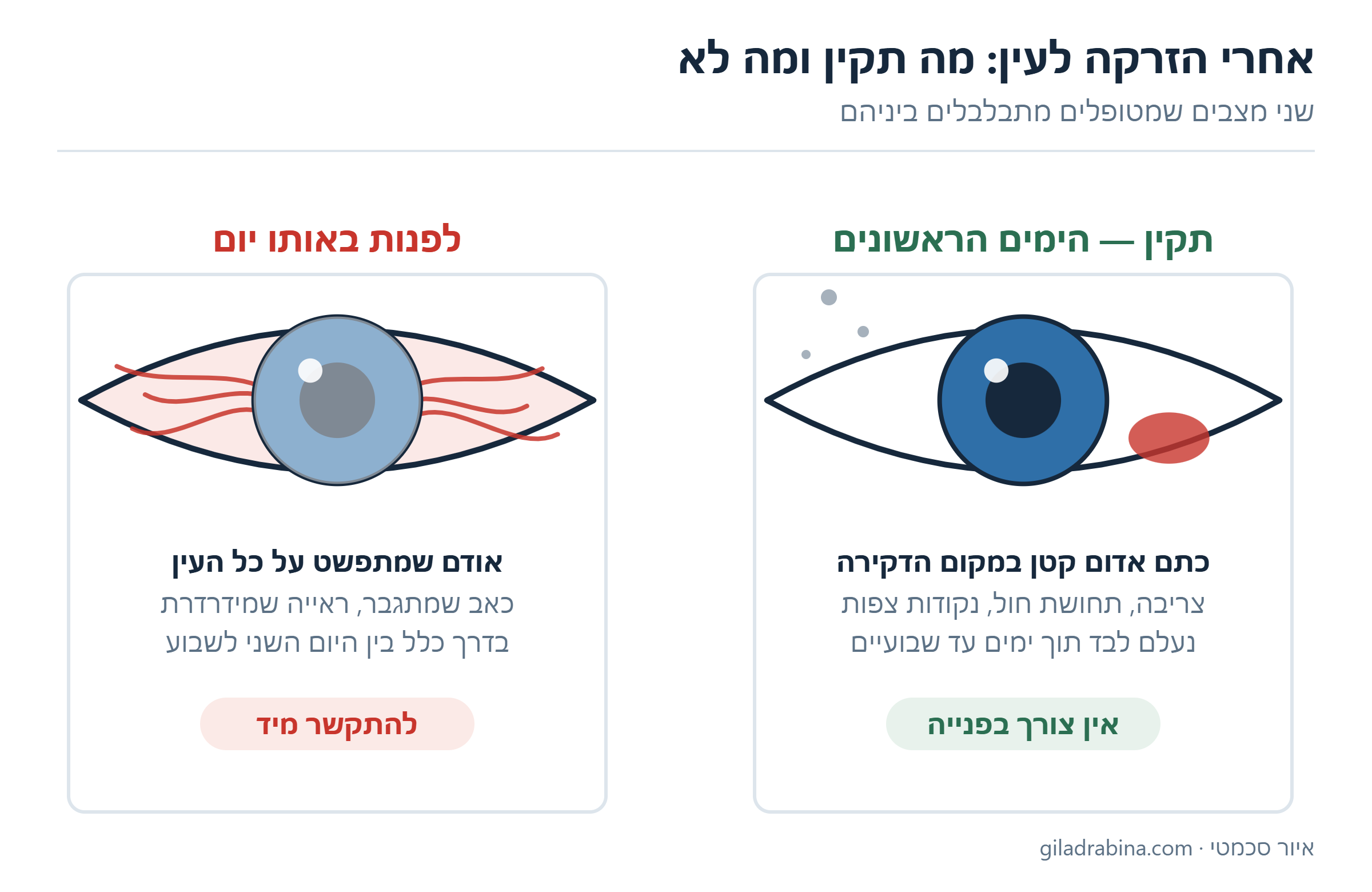 איור סכמטי: עין עם כתם אדום קטן ונקודות צפות — תקין אחרי הזרקה; לעומת עין אדומה בכולה עם ראייה מעורפלת — סימן לפנות באותו יום